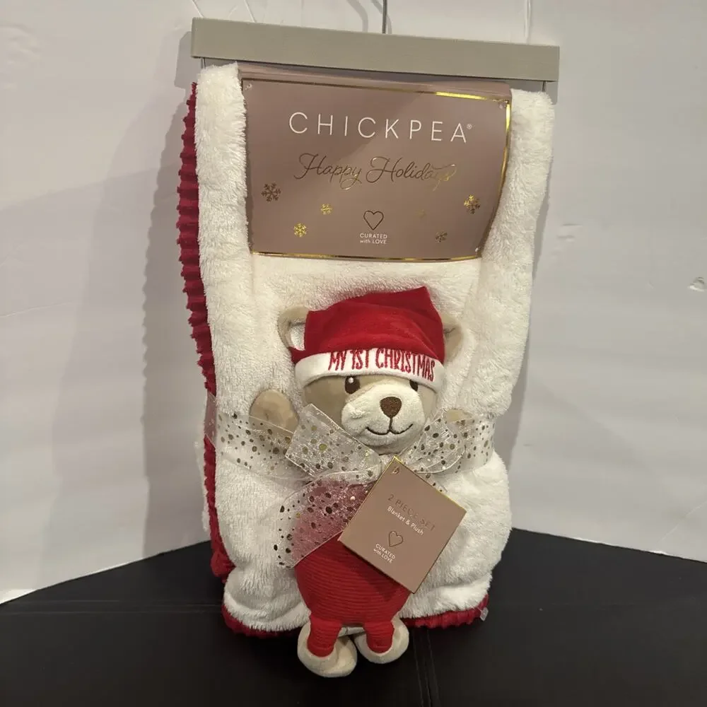 Chickpea Happy Holidays 2 Pc Blanket & My 1st Christmas Bear Gift Set NWT